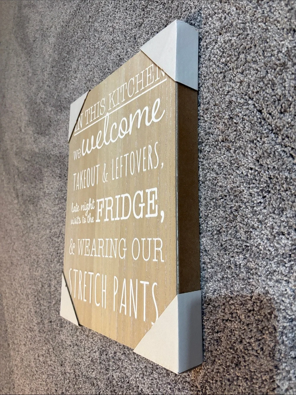 Welcome Kitchen Wall Sign - White Text on Tan Wood